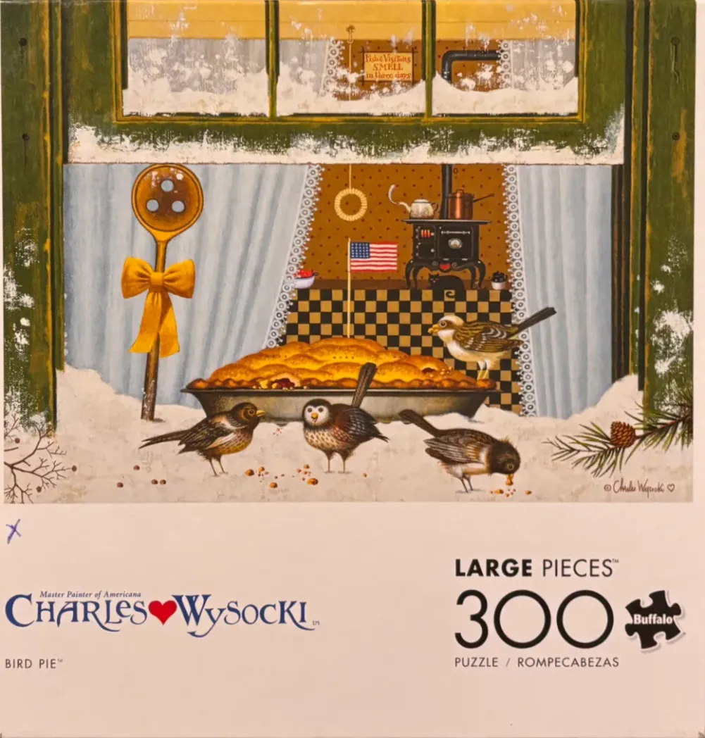 A whimsical folk art painting of birds gathering around a large pie on a snowy windowsill.
