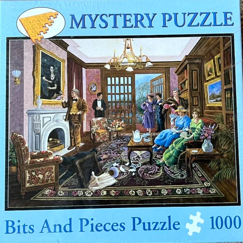 Illustration of a drawing room murder mystery scene with people gathered around a fallen figure.