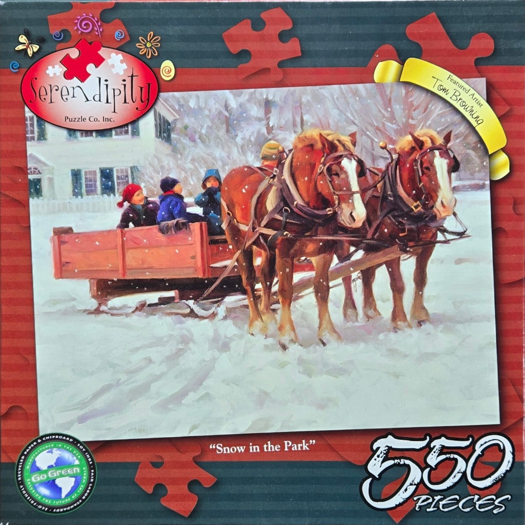 Oil painting of two chestnut horses pulling a red wooden sleigh with three children through a snow-covered park.