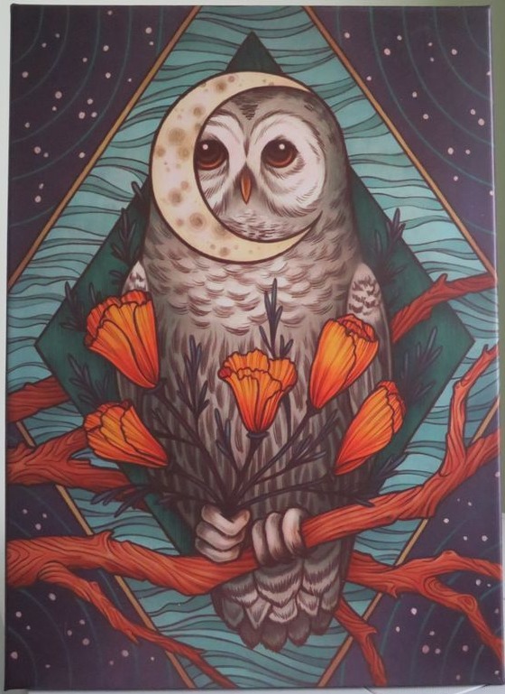 An illustration of a tawny owl perched on a branch holding orange flowers in front of a crescent moon.