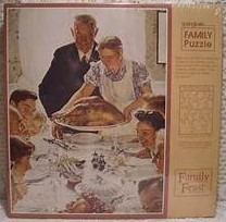 A nostalgic oil painting of a family gathering for a Thanksgiving turkey dinner.