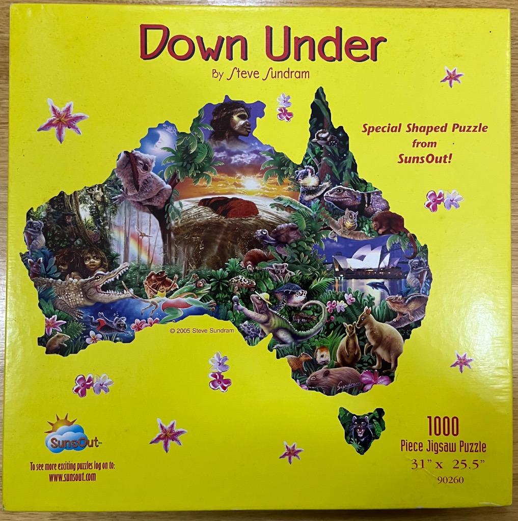 Illustration of the Australian continent filled with indigenous animals and landscapes against a yellow background.