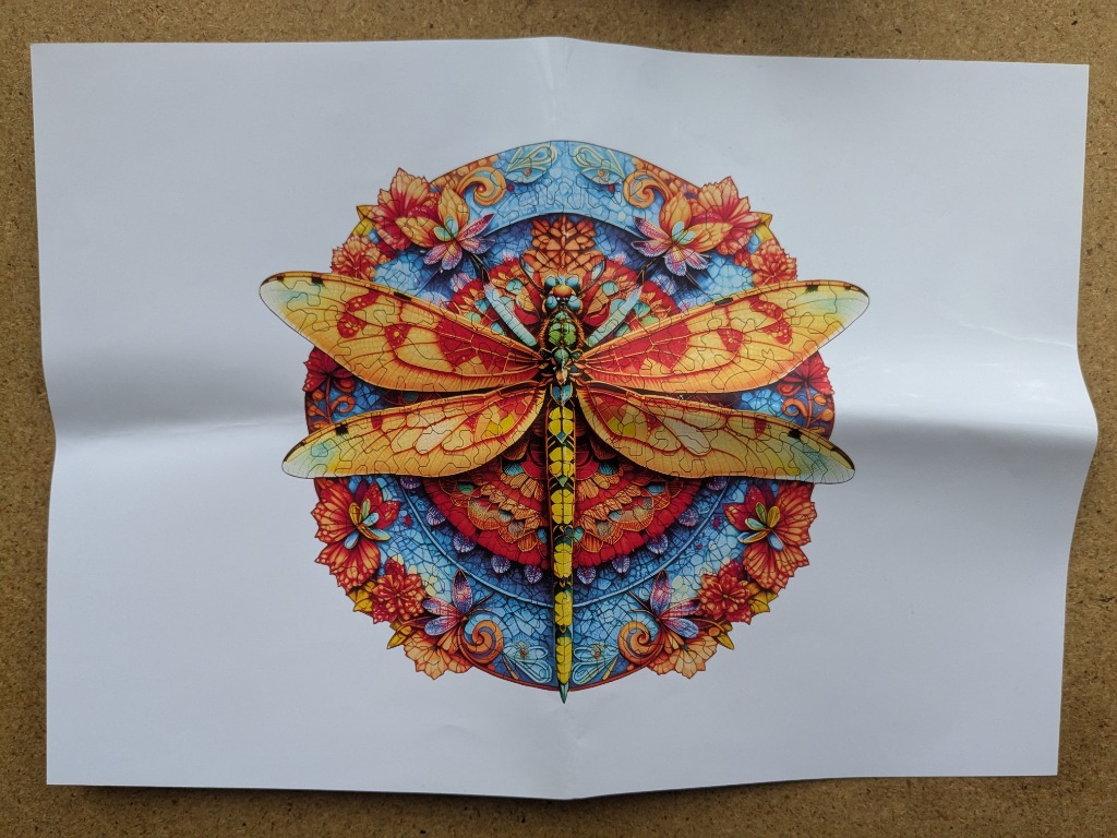 A vibrant, stylized dragonfly centered over a complex, circular, multicolored mandala-like background.