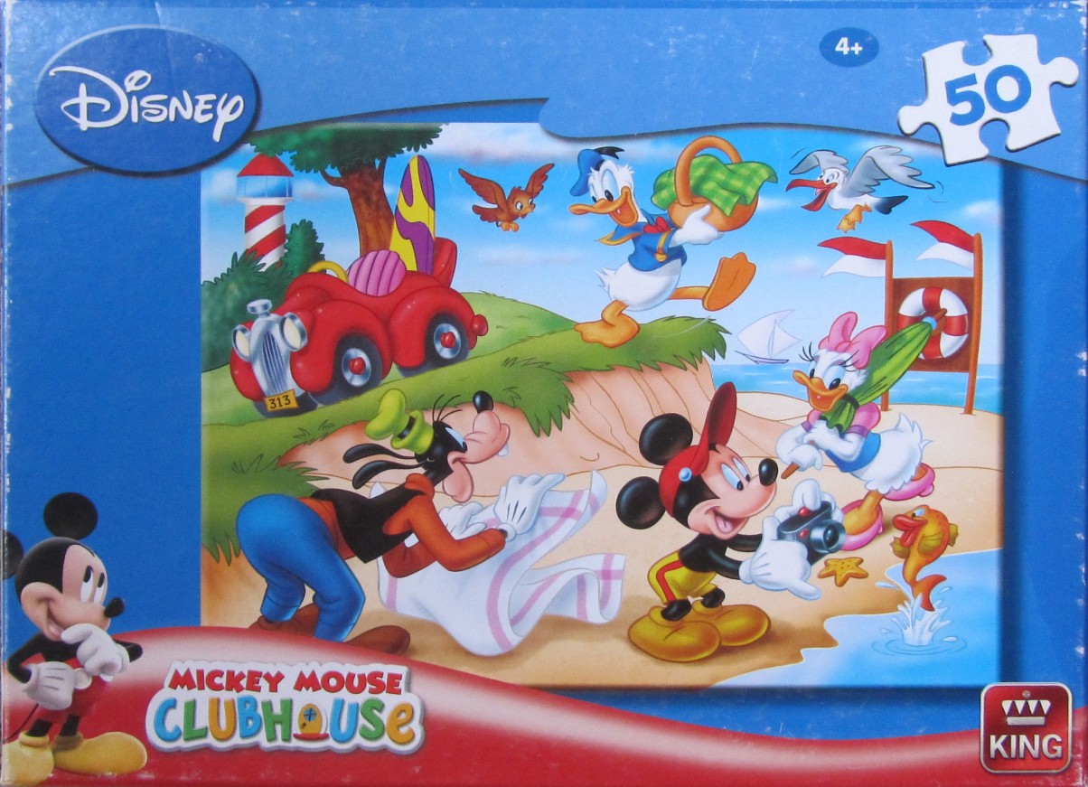 Cartoon scene of Disney characters at a beach with a red car and a lighthouse