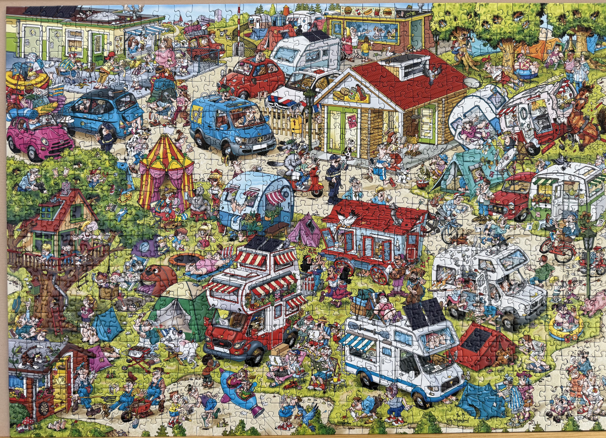 A chaotic, bustling cartoon scene of a crowded holiday campsite filled with campers, tents, and humorous antics.