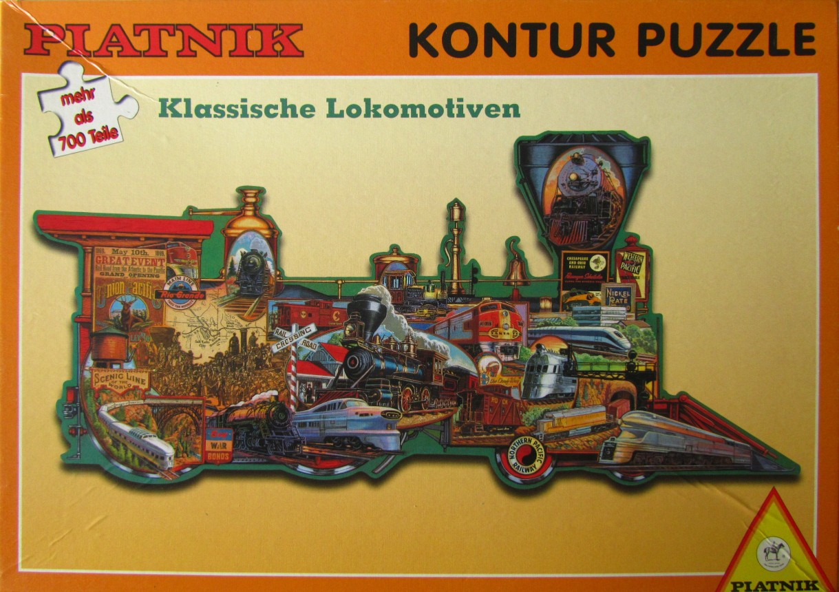 A collage of classic locomotives and railway scenes shaped like a steam engine on a gold background.