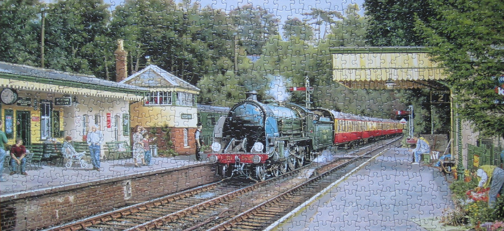A nostalgic painting of a steam train pulling into a rural station platform.