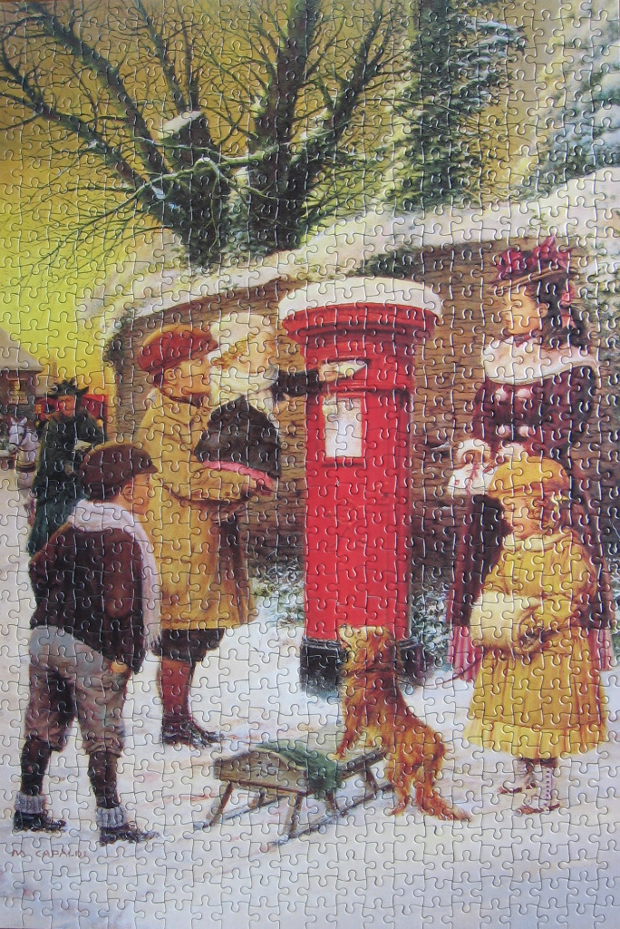 A Victorian-era family posts a letter in a snowy village scene with a red postbox and a golden retriever.