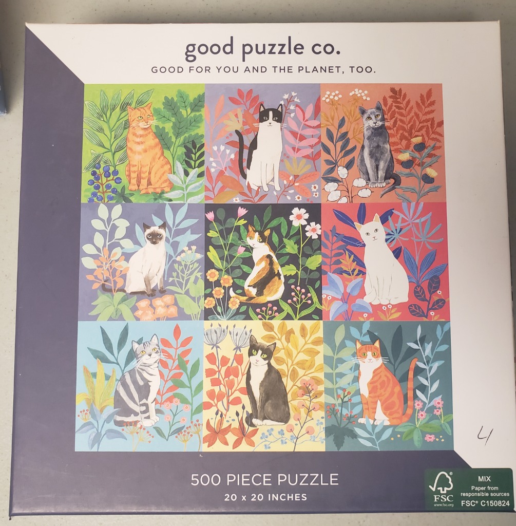 Grid of nine artistic illustrations of various cat breeds surrounded by stylized plants and flowers.
