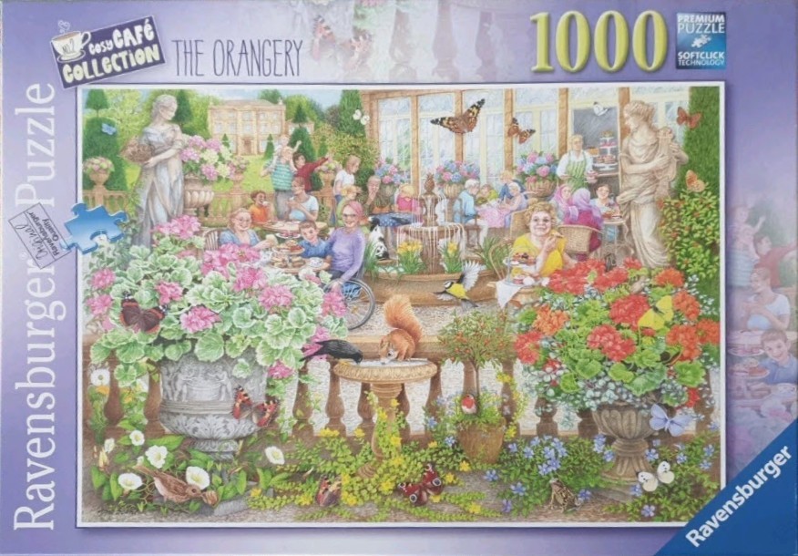 An illustration of a busy, sunlit orangery garden scene with people, flowers, and butterflies.