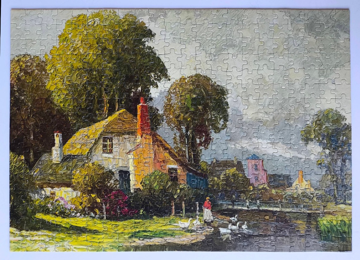 Impressionist oil painting of a countryside cottage with a woman and geese by a stream.