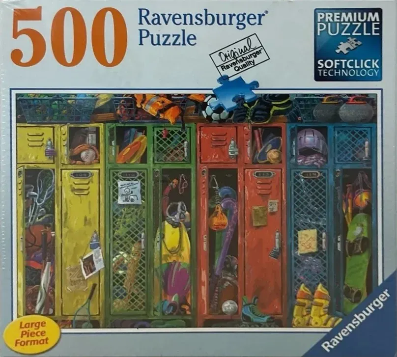 A row of colorful, messy school lockers filled with sports equipment.
