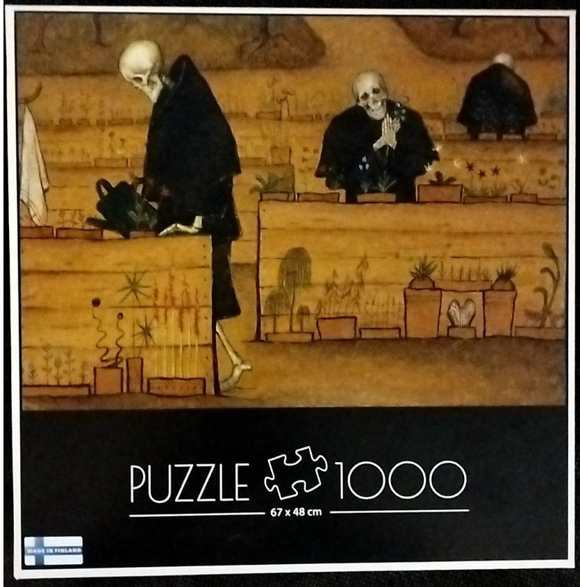 An illustration of three skeletons in black robes tending to a garden of strange, otherworldly plants.