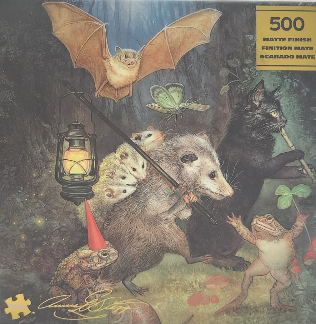 An illustration of nocturnal woodland animals traveling through a dark forest at night carrying a glowing lantern.