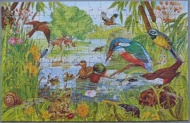 A lush, colorful nature scene featuring a kingfisher, ducks, deer, and other wildlife by a pond.