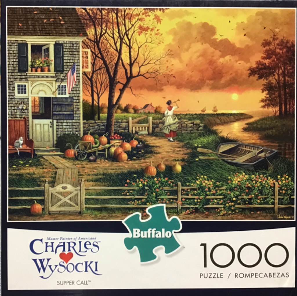 A rural autumn scene featuring a colonial house, pumpkins, and a woman at sunset.