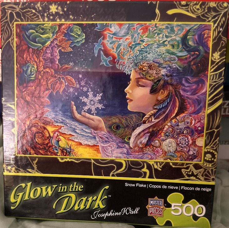 A fantasy illustration of a woman holding a glowing snowflake surrounded by birds, peacock feathers, and flowers.