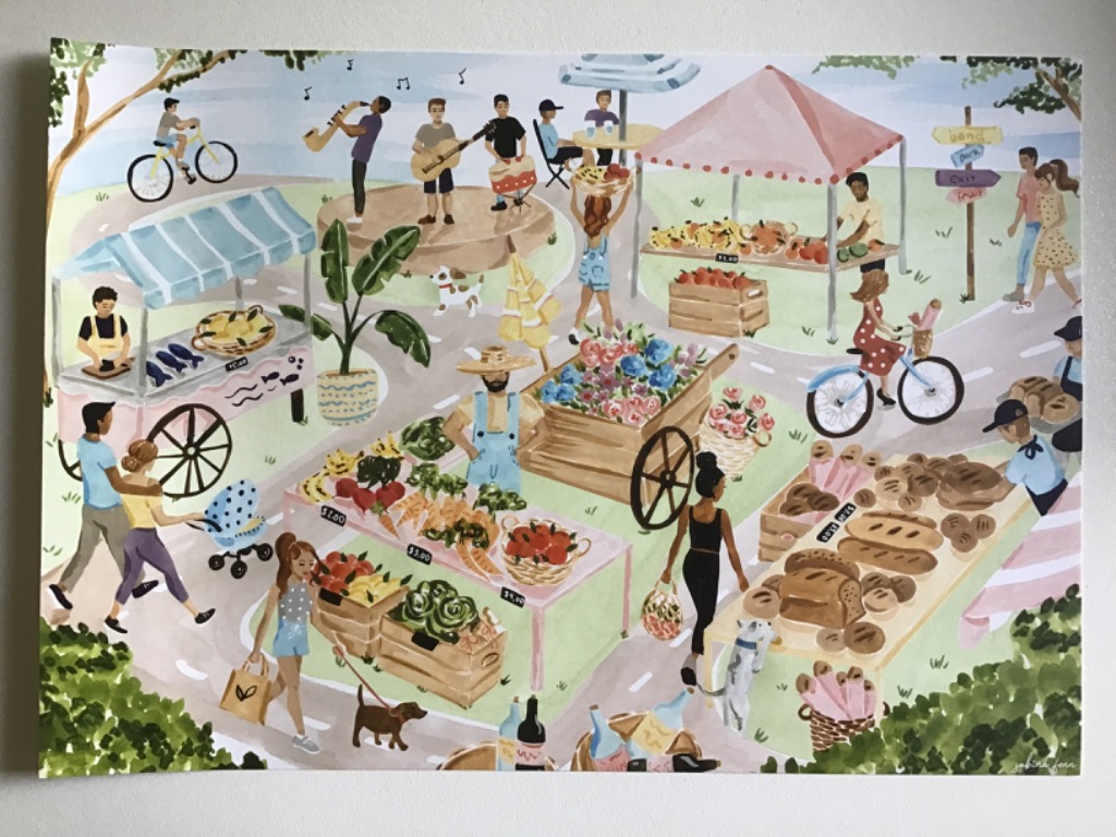 A vibrant, stylized illustration of a busy outdoor community market scene.