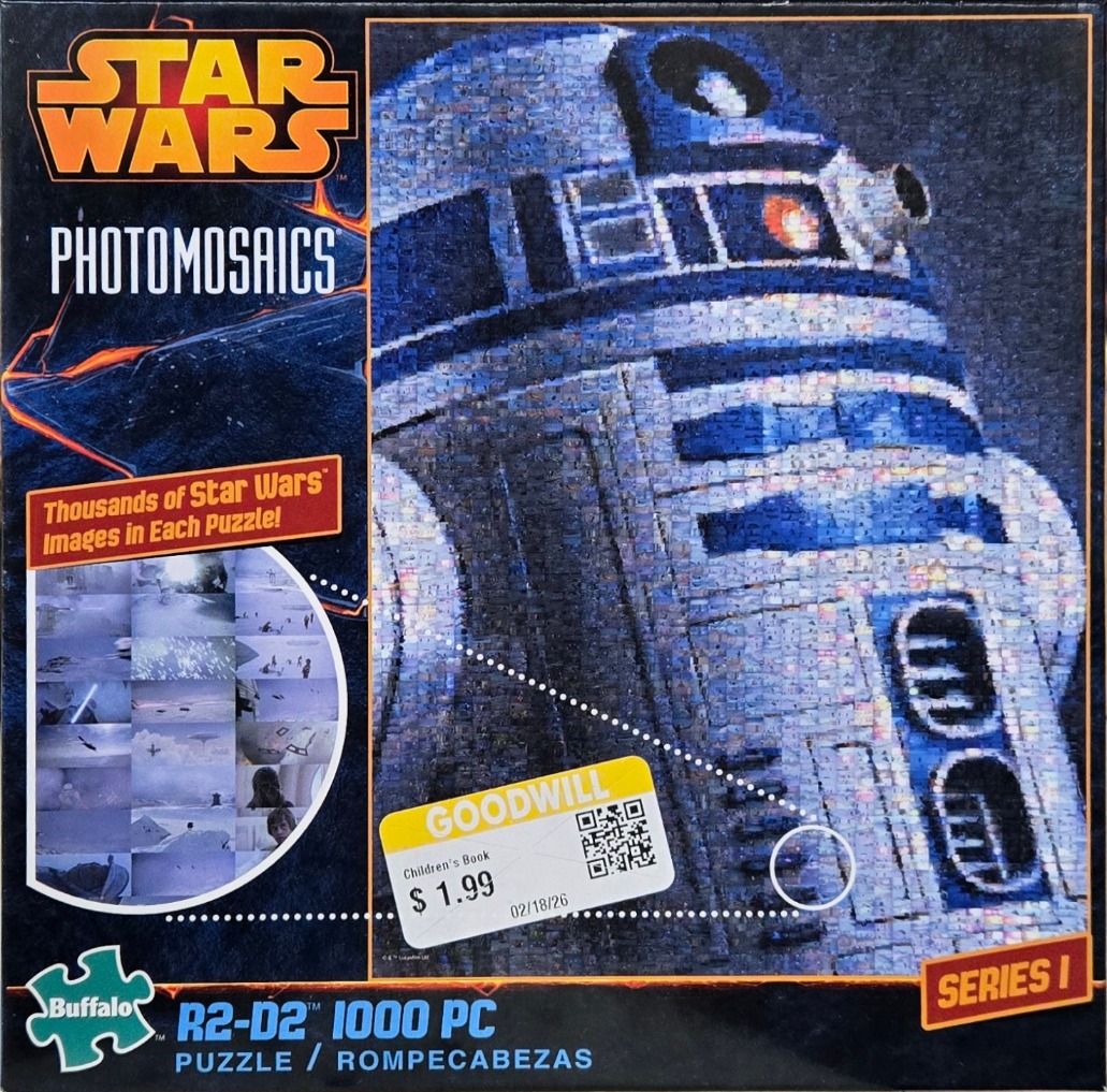 A photomosaic image of the R2-D2 droid constructed from thousands of tiny Star Wars movie stills.