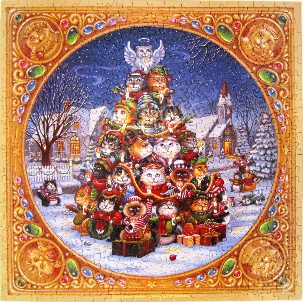 A whimsical illustration of many cats stacked into the shape of a Christmas tree in a snowy village.
