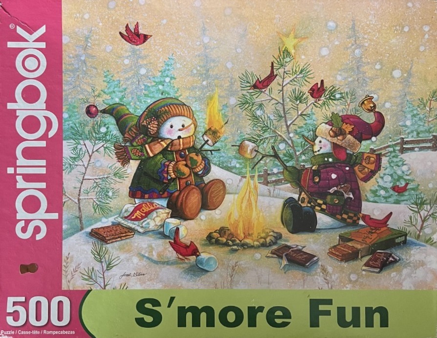 Two cartoon snowmen roasting marshmallows over a campfire in a snowy winter forest with cardinals.