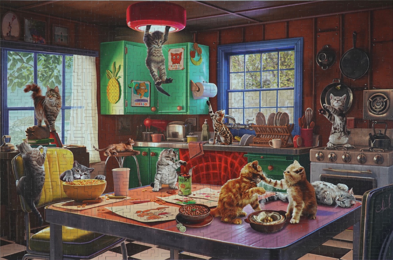 A whimsical illustration of many cats causing mischief in a retro-style kitchen.