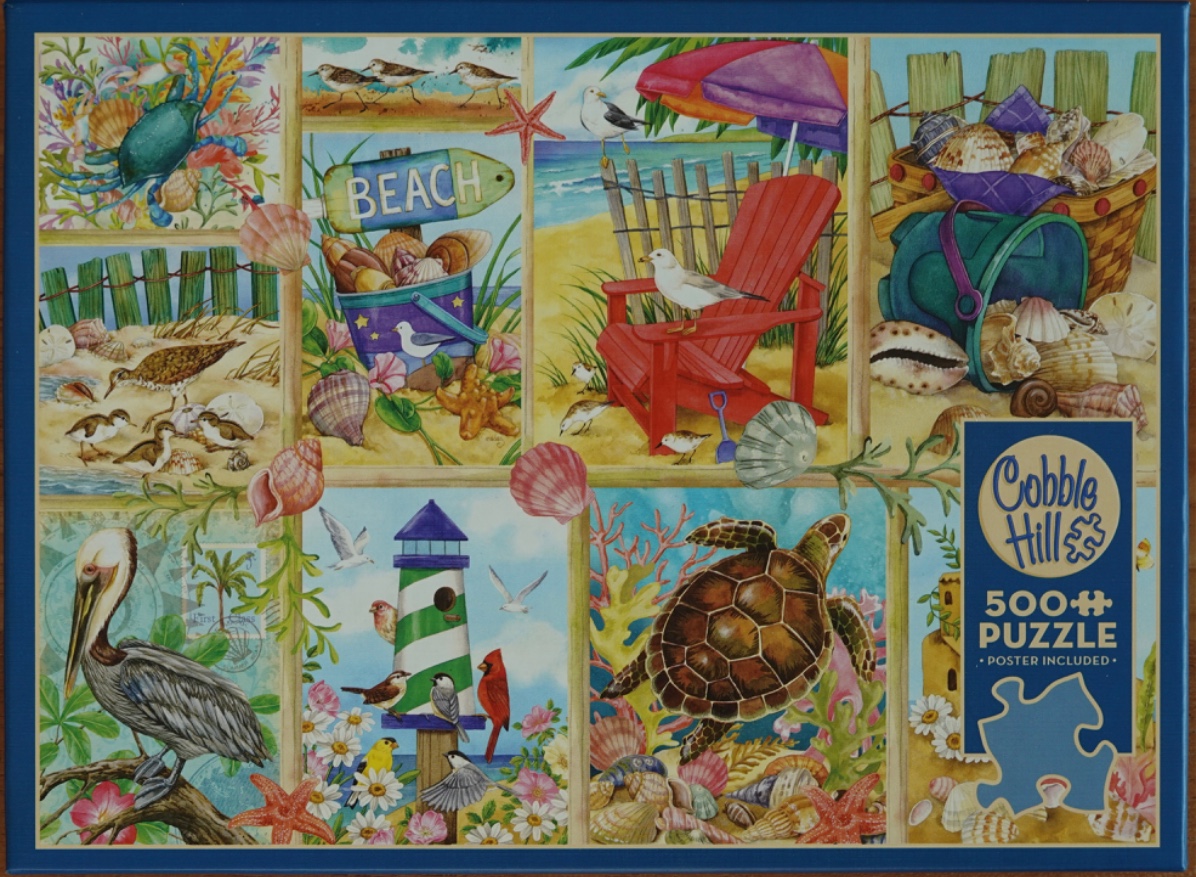 A collage of coastal-themed illustrations featuring birds, sea creatures, and beach scenes.