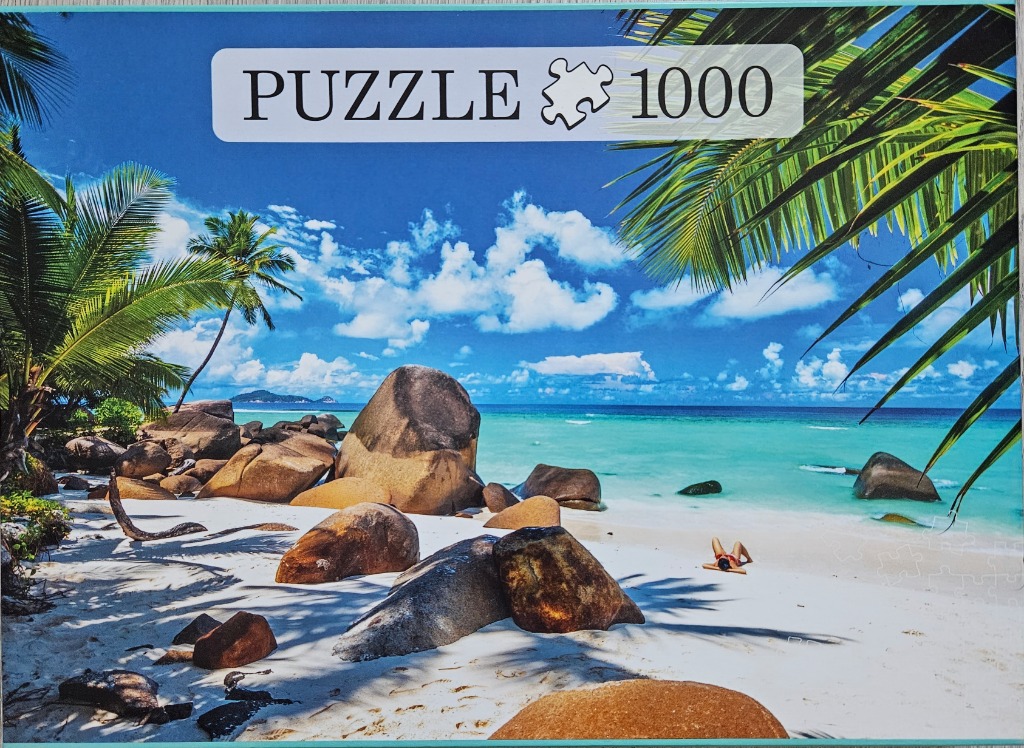 A tropical beach scene with large granite boulders, palm trees, white sand, and a person sunbathing.