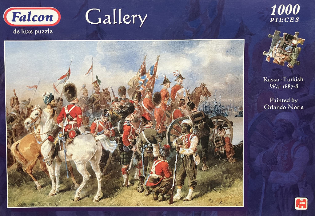 A historical painting by Orlando Norie showing British soldiers, cavalry, and artillery during a 19th-century military campai