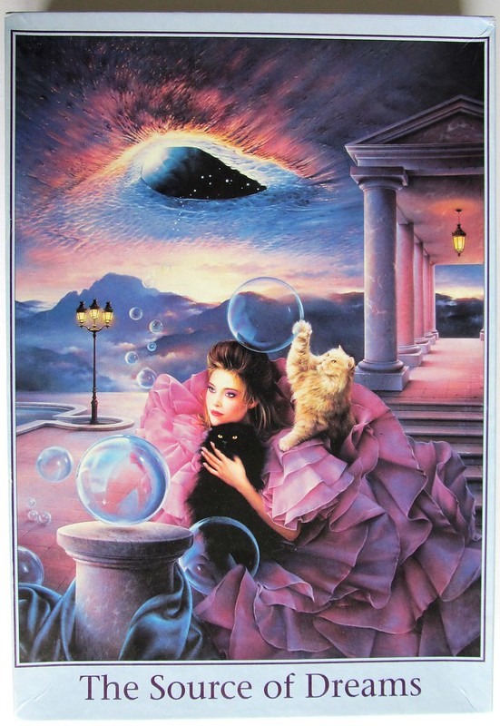 A woman in a voluminous pink gown sits with a black cat and a ginger cat amidst floating bubbles at sunset.