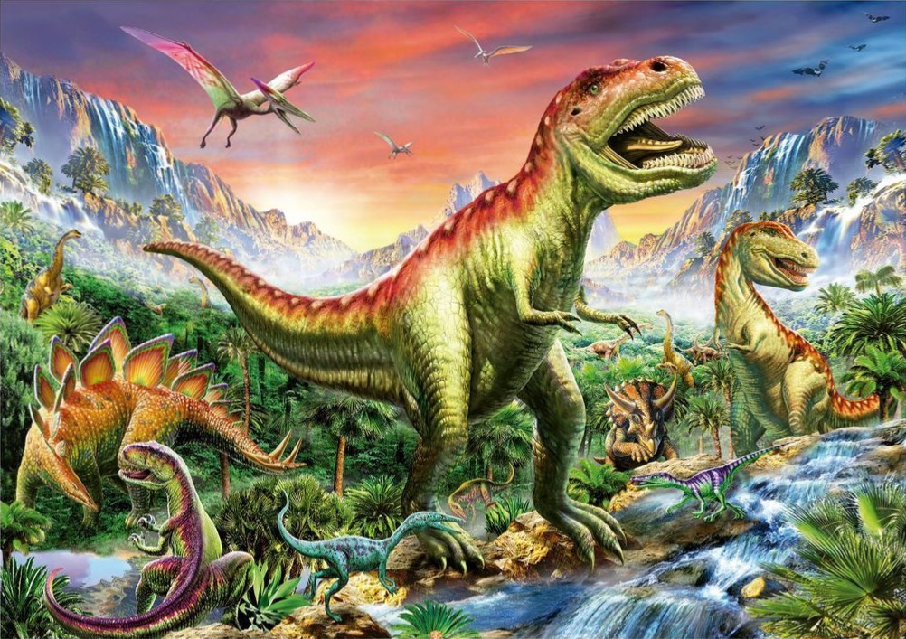 A lush prehistoric jungle scene featuring a Tyrannosaurus Rex surrounded by various dinosaurs beneath a vibrant sunset.