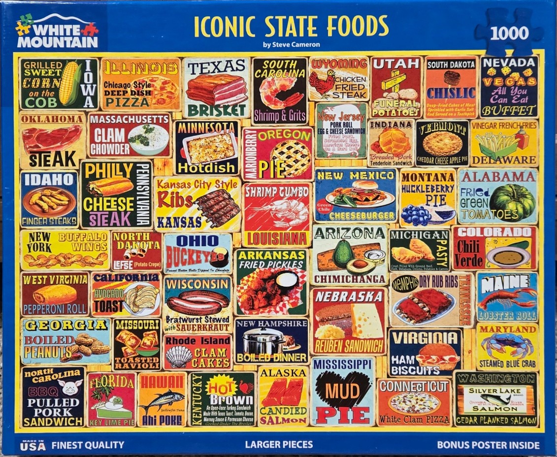 Collage of vintage-style signs representing iconic state foods across the USA.