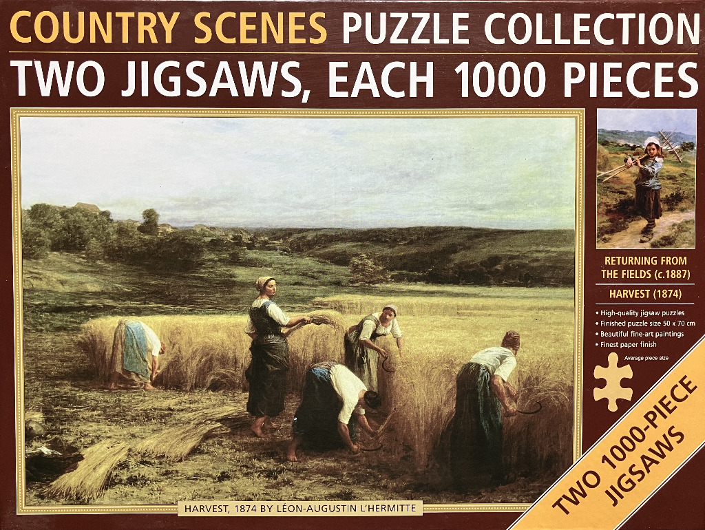 A painting of five women harvesting wheat in a large field under a soft, overcast sky.
