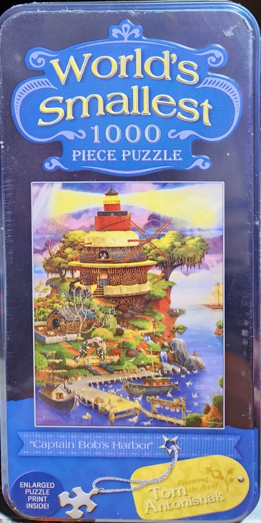 Fantasy lighthouse scene at a harbor, titled Captain Bob's Harbor, in a whimsical painterly style.