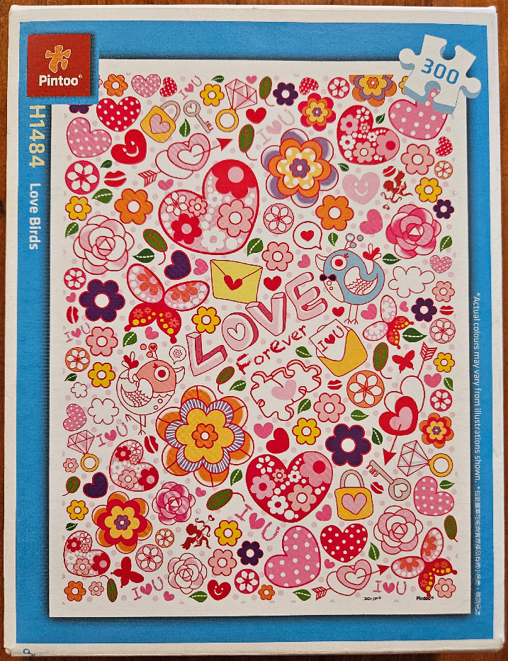 A whimsical pattern of hearts, flowers, birds, and love-themed icons in pink, red, orange, and blue against a white backgroun