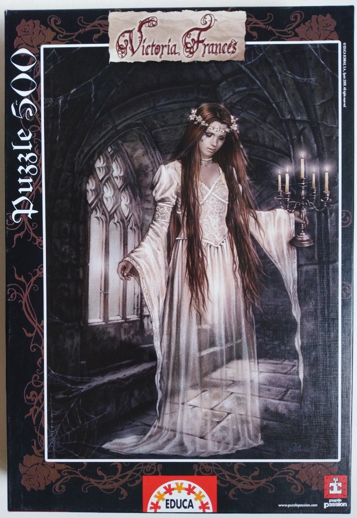 A gothic illustration of a woman in a long white dress holding a candelabra in a stone archway.