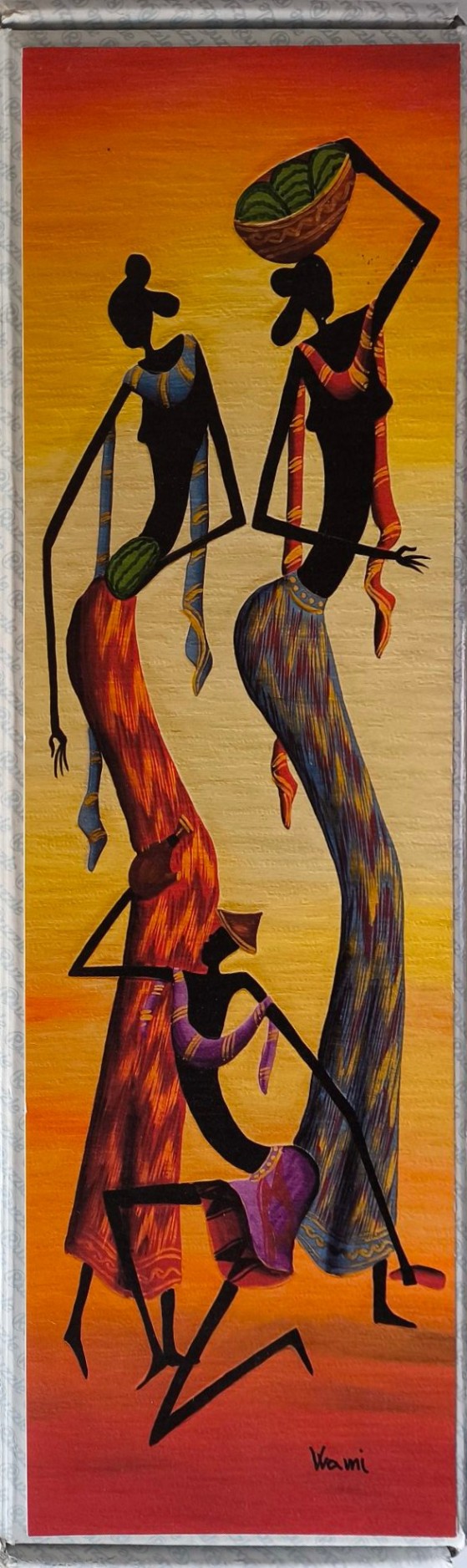 Stylized painting of three African figures in silhouette against a warm sunset gradient.