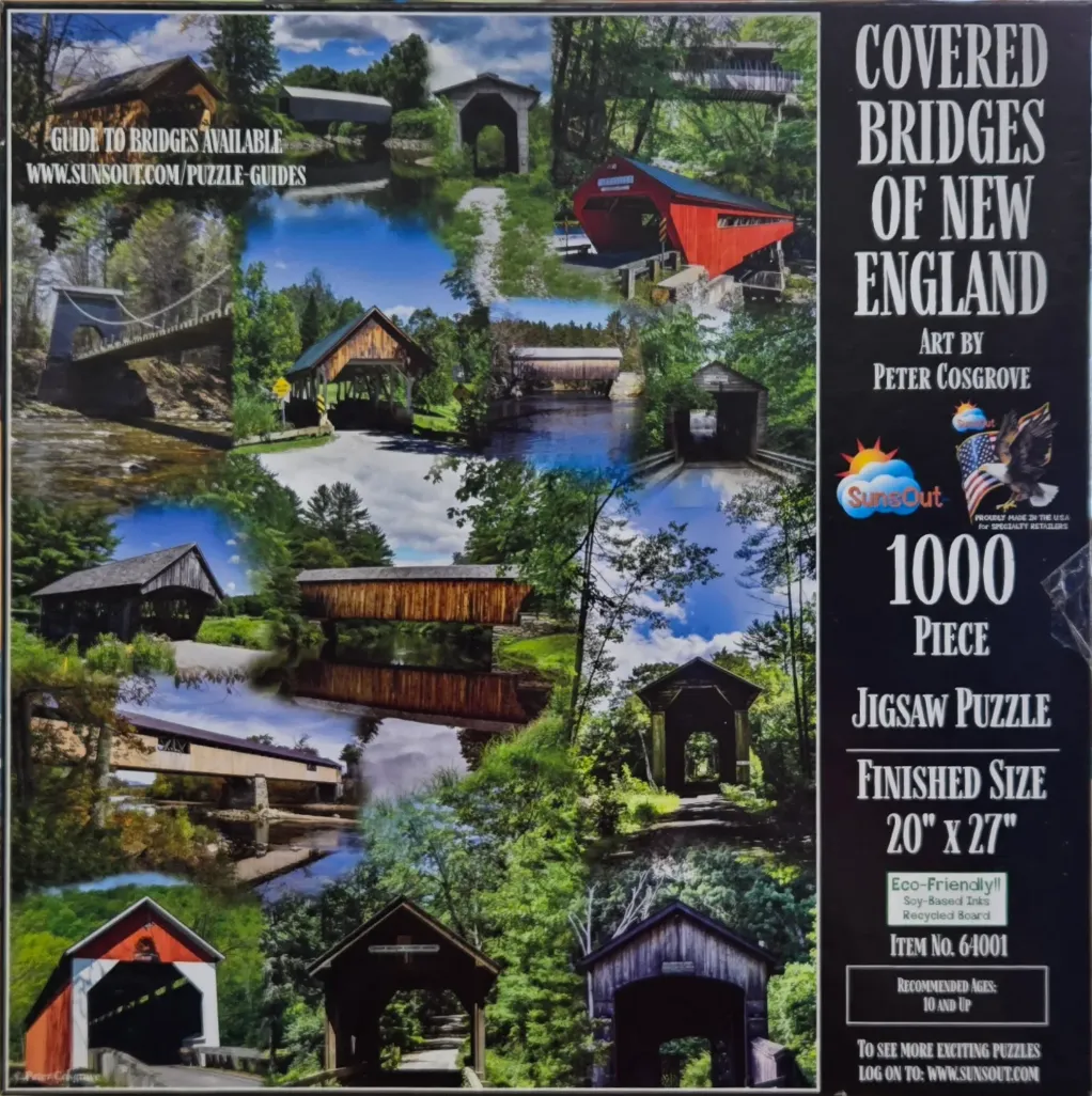 A collage of various New England covered bridges in a forest setting.