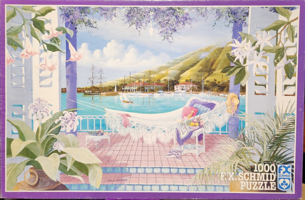 A peaceful tropical harbor view from a balcony with a hammock, flowers, and boats on the water.