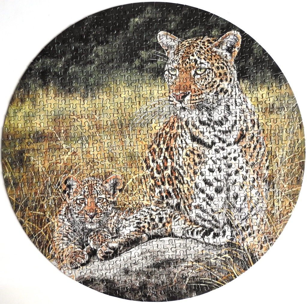 A circular illustration of a leopard mother and her cub resting in tall, golden savanna grass.