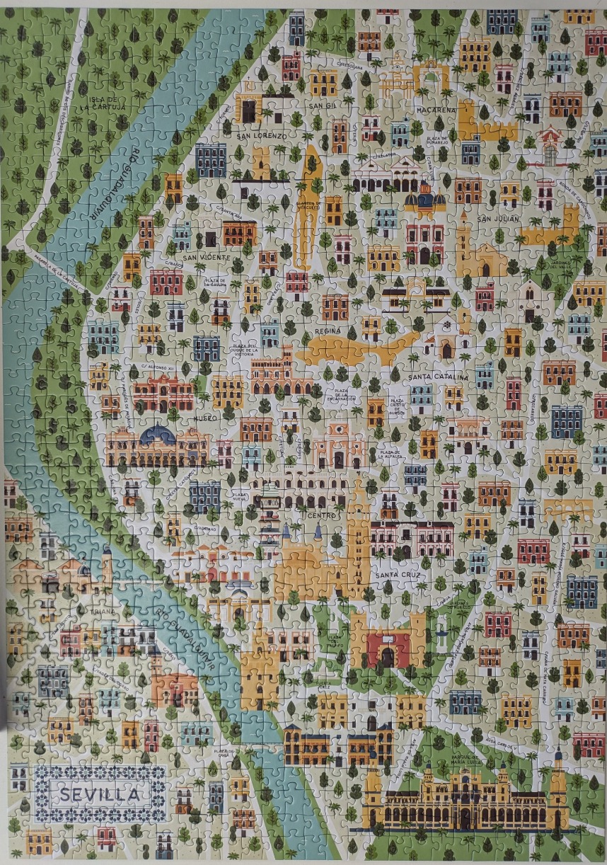 An illustrated map of the city of Sevilla featuring the Guadalquivir river and various historic neighborhoods.