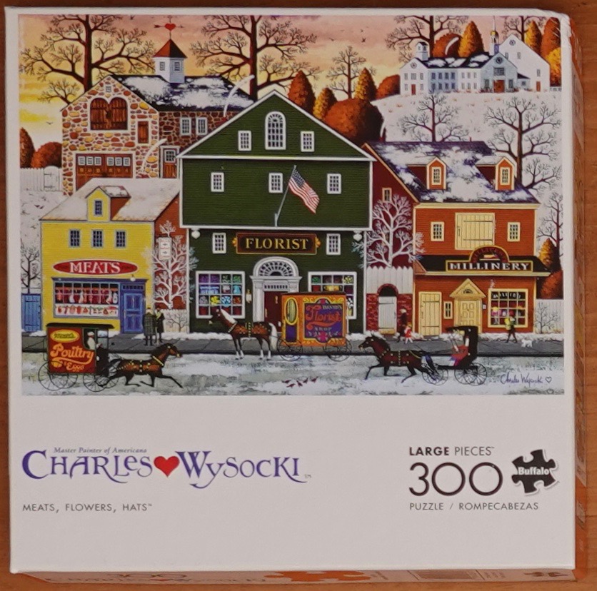 An illustration of a snowy 19th-century American village street with horse-drawn carriages and colorful shops.