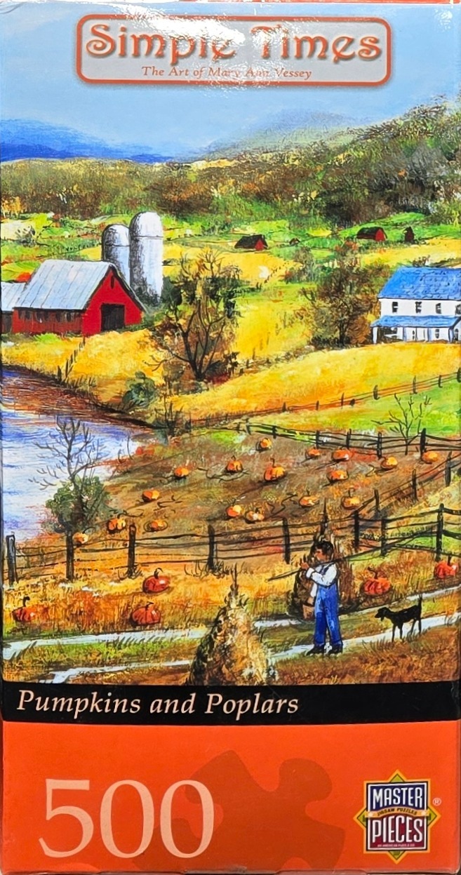 An impressionist painting of a rural autumn farm scene with a pumpkin patch, a red barn, and a farmer walking with a dog.