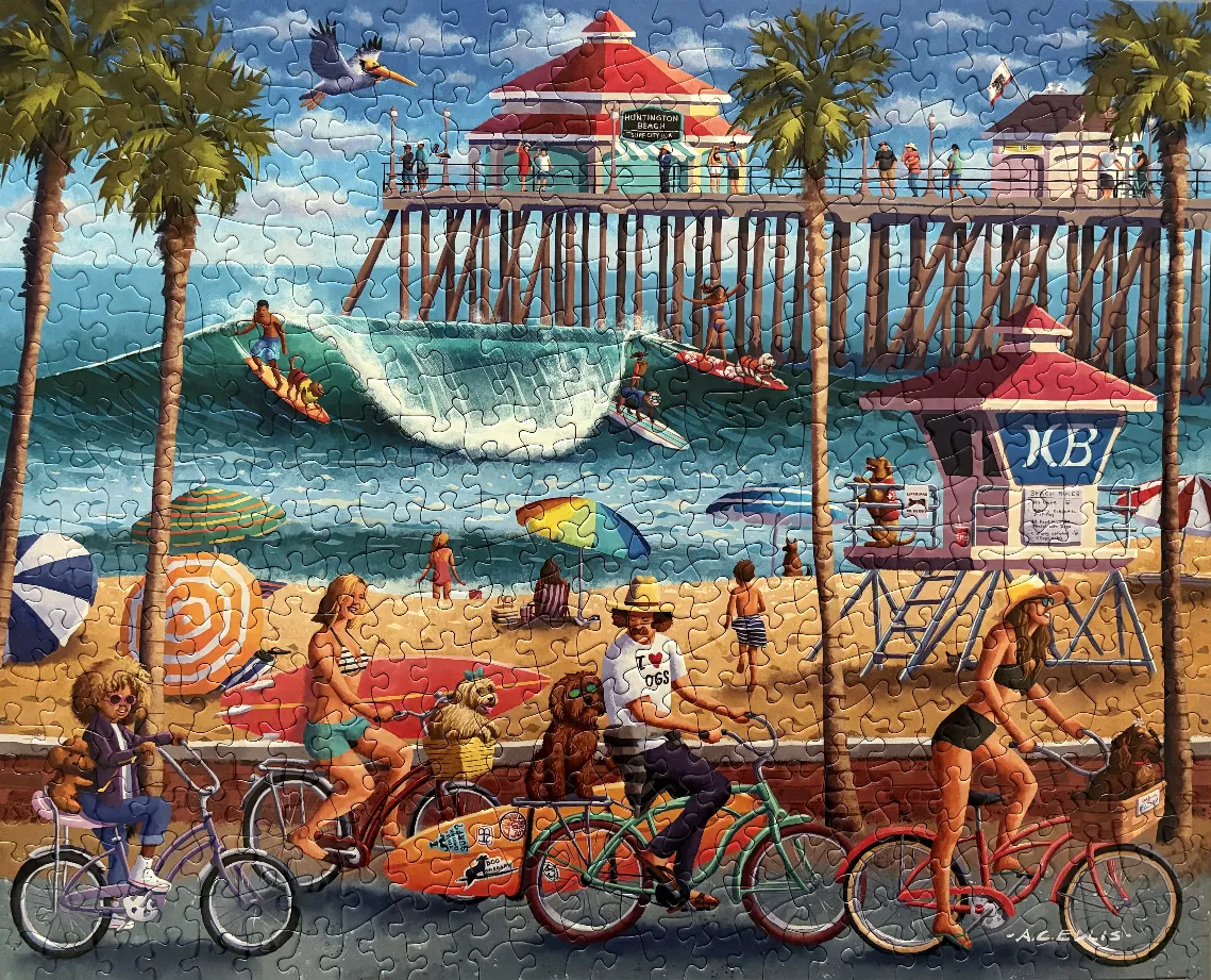 Colorful illustration of people and dogs at Huntington Beach with a pier in the background.