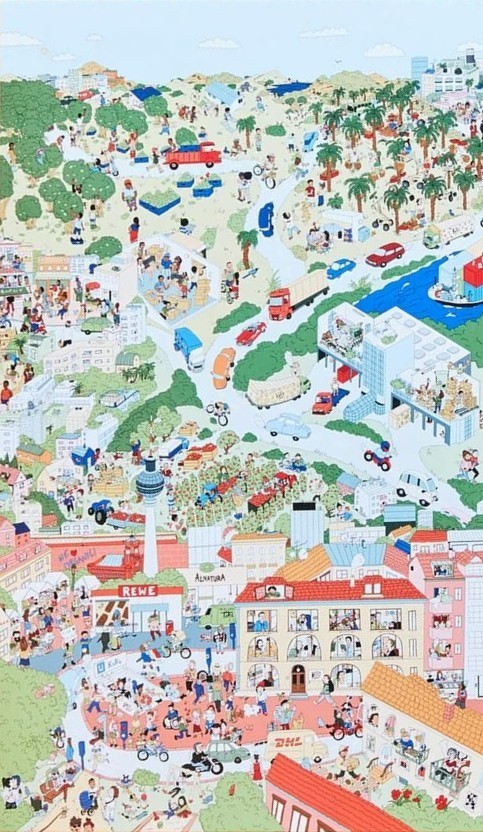 A sprawling, busy city illustration with many tiny characters, streets, buildings, and green spaces in a flat, comic style.