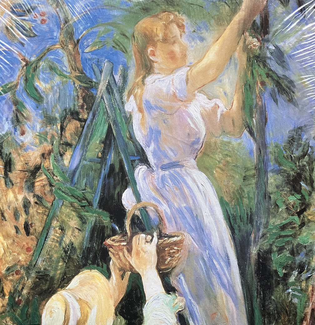 Impressionist oil painting of a young woman in a white dress picking fruit from a tree.