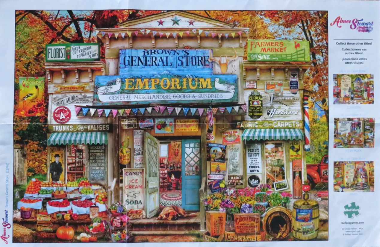 A charming general store scene filled with autumnal decorations, produce, and vintage-style signage.