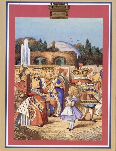 A vintage illustration of Alice standing before the Queen and King of Hearts in a courtyard setting.