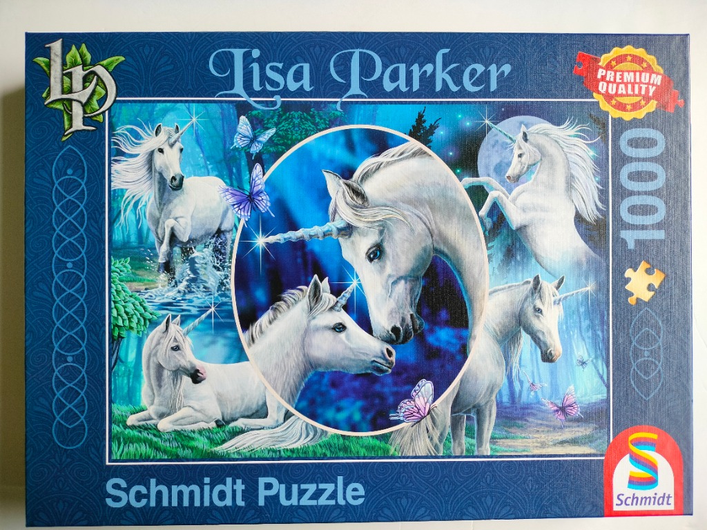 Fantasy illustration of multiple white unicorns in a magical forest setting with butterflies and a full moon.