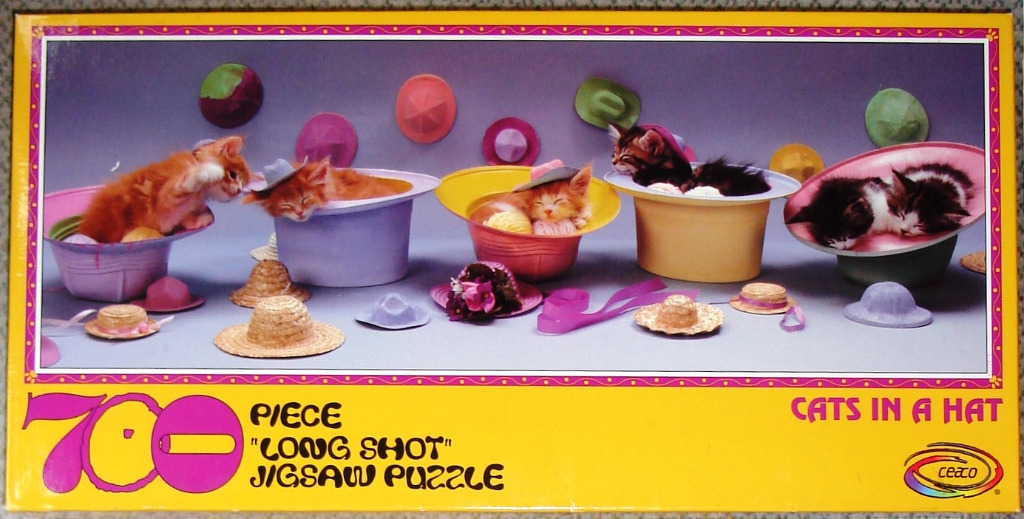 Five adorable kittens sleeping and playing inside colorful toy hats against a purple backdrop.